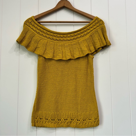 Anthropologie Off The Shoulder Ruffled Knit Cotton Sweater Mustard Crochet M - Picture 4 of 14